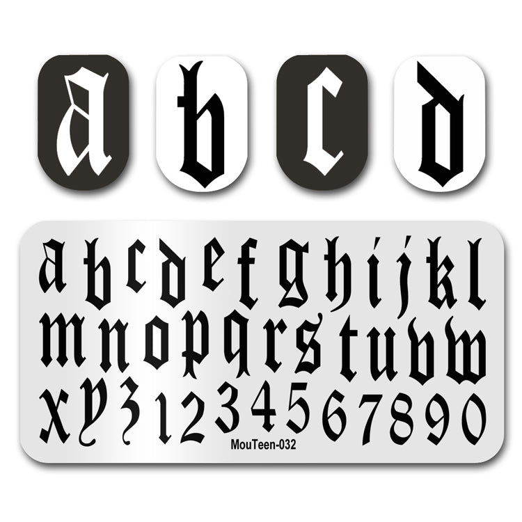 Mouteen-032 New Arrival Gothic Letters Nail Art Template Ancients Metallic Nail Art Stamping