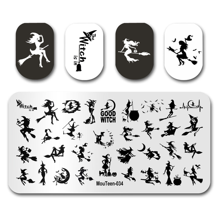 Mouteen-034 New Easter Witch Nail Art Template Whisk Broom Queen Nail Stencil Women Sorceress Nail Stamp