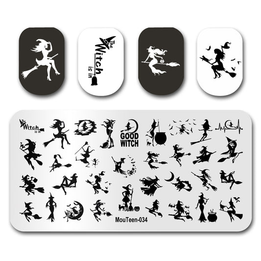 Mouteen-034 New Easter Witch Nail Art Template Whisk Broom Queen Nail Stencil Women Sorceress Nail Stamp