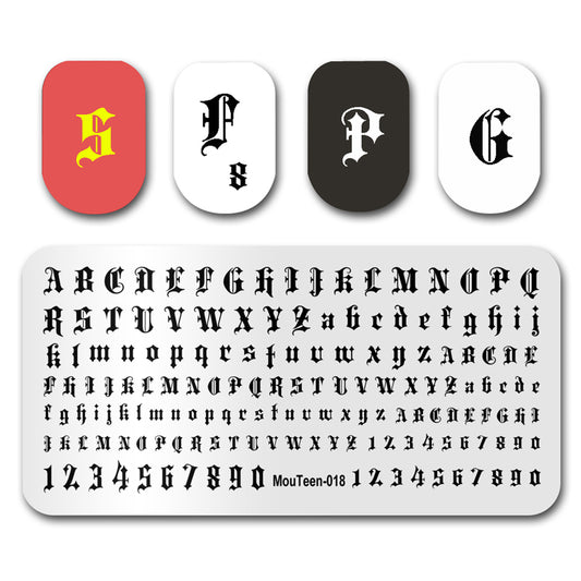 Mouteen-018 Gothic Style Letter Nail Plate Old English Alphabet Stamper For Nails Art Template