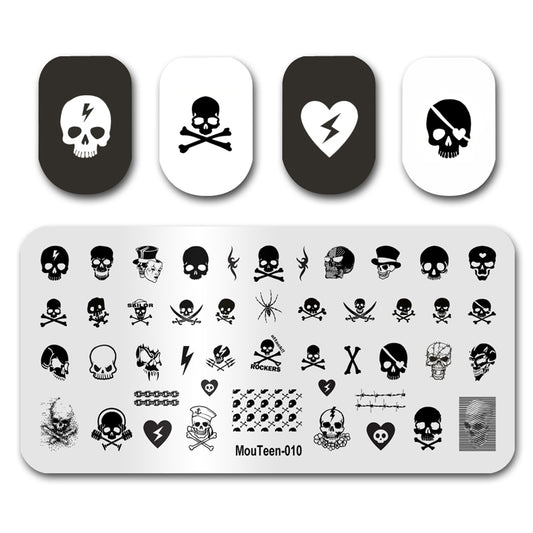 Mouteen-010 Skulls Nail Art Template Cranium Bone Nail Stamping Plates Set Cross-Bones For Young Lady Nails Plates