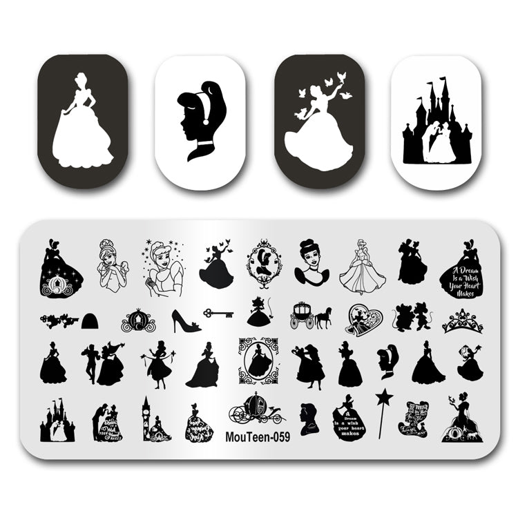 Mouteen-059 Cinderella Nail Stamping Plate Crystal Shoes Princess Nail Stamper Template For Nails Art Design